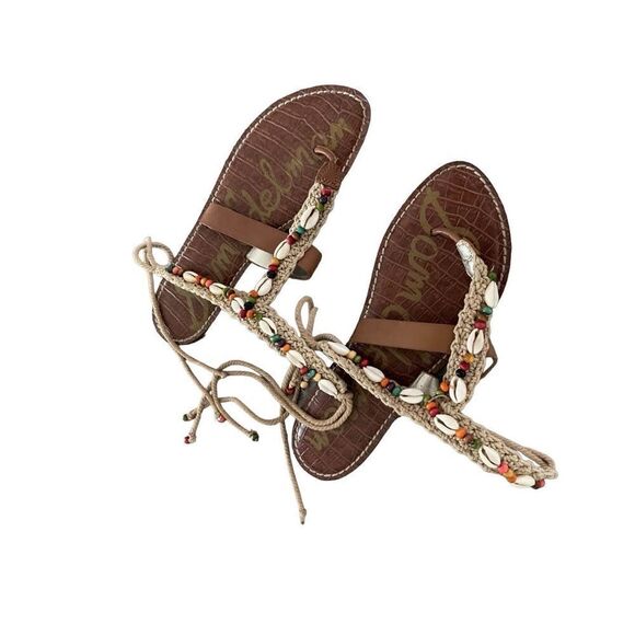 Sam Edelman Womens Tan Cream Leather Boho Gerome Beaded Seashell Sandal Size 7 - Picture 3 of 9